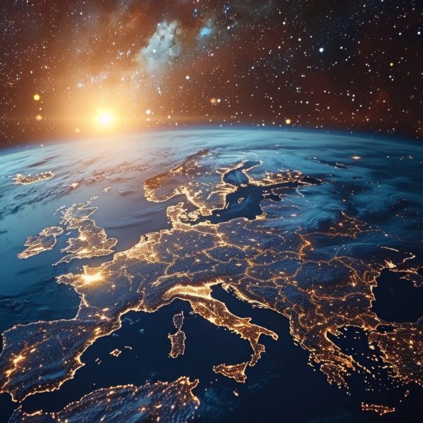 Planet Earth from outer space at night with city lights. 3d illustration.