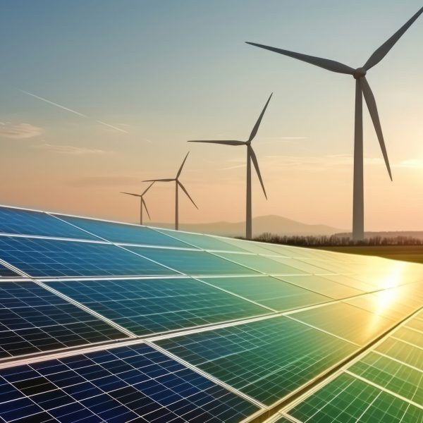 vecteezy_ai-generated-solar-power-plant-with-wind-turbines-at-sunset_38000319